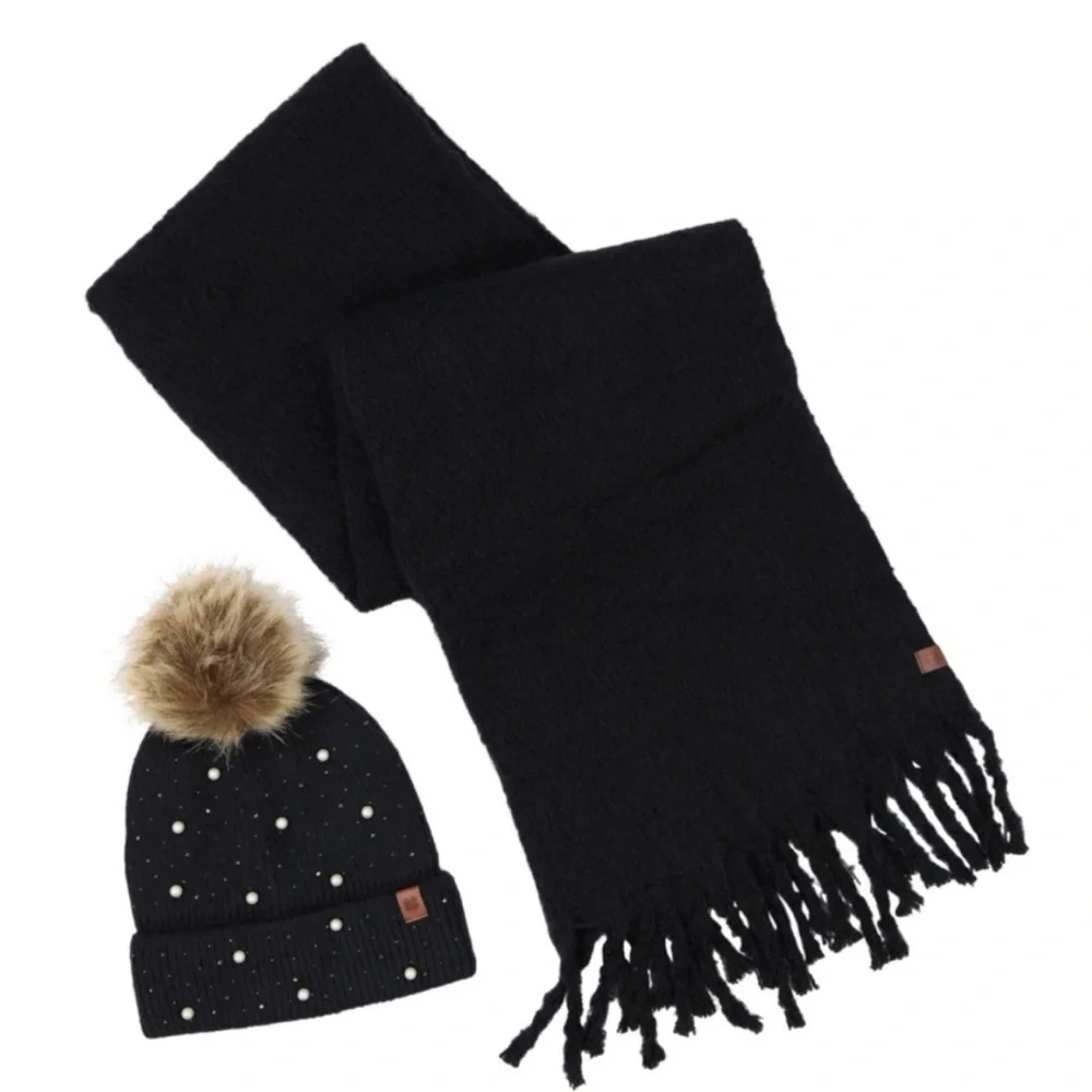NEW Lucky Brand SET Black Scarf + Beanie Hat Tan Pom Pearls Sparkles Cozy Gift